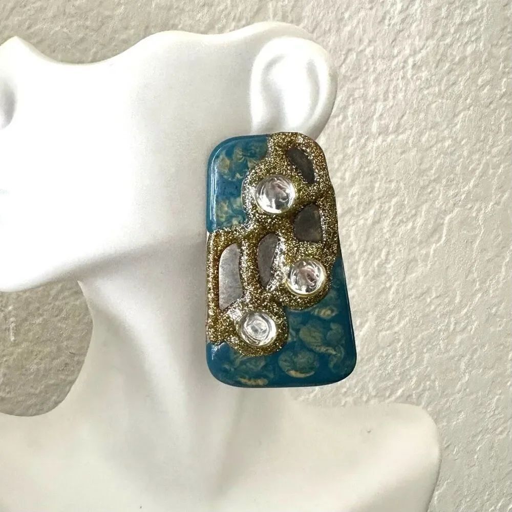 Blue gold tone statement earrings